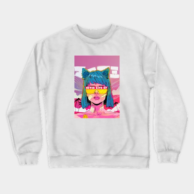 japanese anime girl - Never Give Up Crewneck Sweatshirt by thecolddots